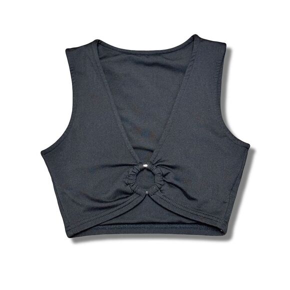 Aevziv Women's XS Black V-Neck Crop Top with Ring Detail Sleeveless - Picture 1 of 5